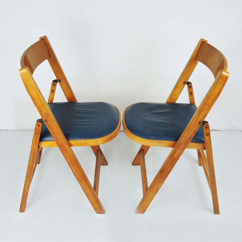 Pair of vintage Wooden Folding Chairs With Blue Vinyl Seats Made In Yugoslavia by Stoe Benchairs