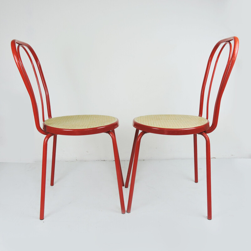 Pair of Vintage Red Painted Metal Chair with Plastic Cane Seat, 1980s