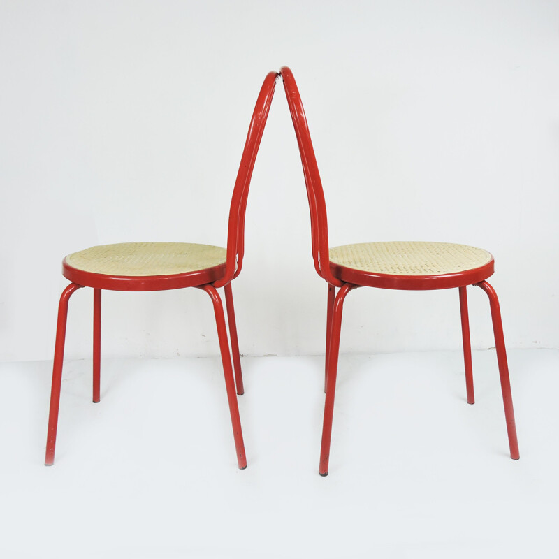 Pair of Vintage Red Painted Metal Chair with Plastic Cane Seat, 1980s