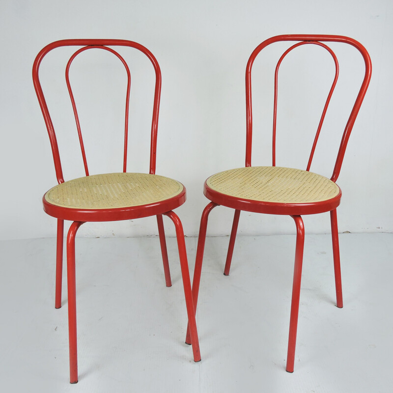 Pair of Vintage Red Painted Metal Chair with Plastic Cane Seat, 1980s