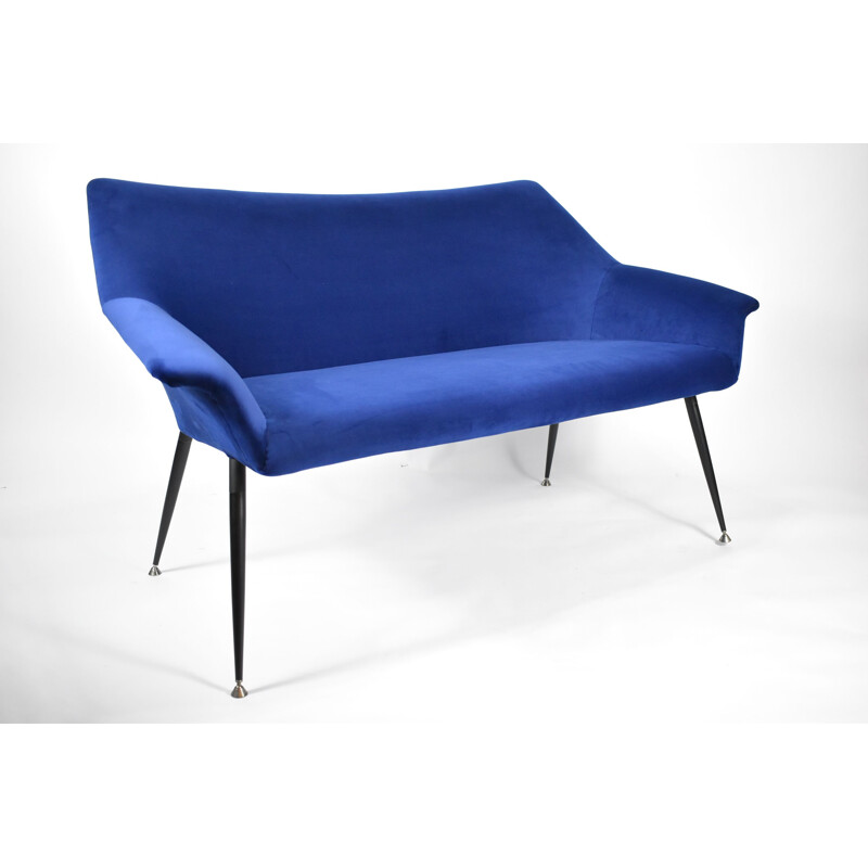 Vintage 2-seater Sofa, German Democratic Republic blue ink velvours fabric, chrome 1960s