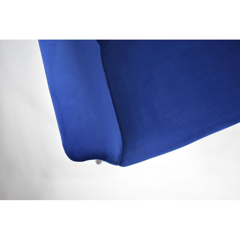 Canapé vintage 2 places, tissu velours bleu encre de la République démocratique allemande, chrome 1960