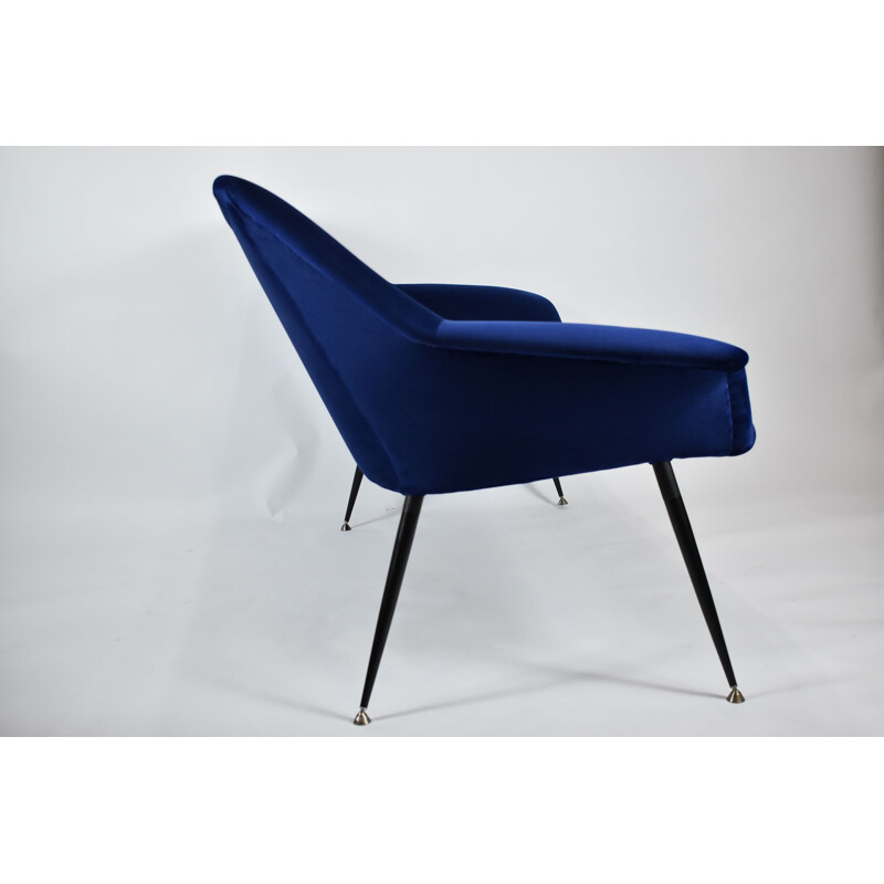 Vintage 2-seater Sofa, German Democratic Republic blue ink velvours fabric, chrome 1960s