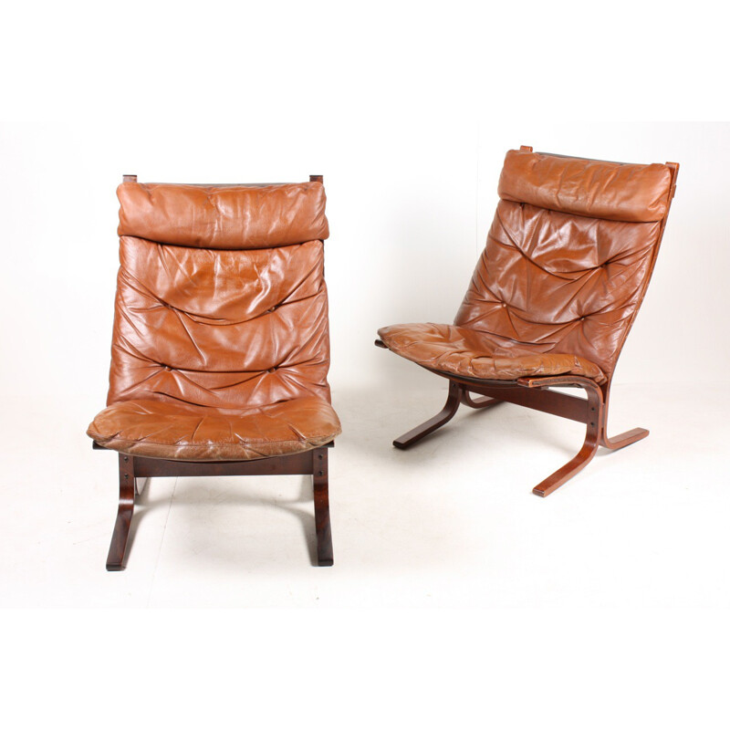 Set of two Westnofa "Siesta" Scandinavian armchairs in brown leather, Ingmar RELLING - 1960s