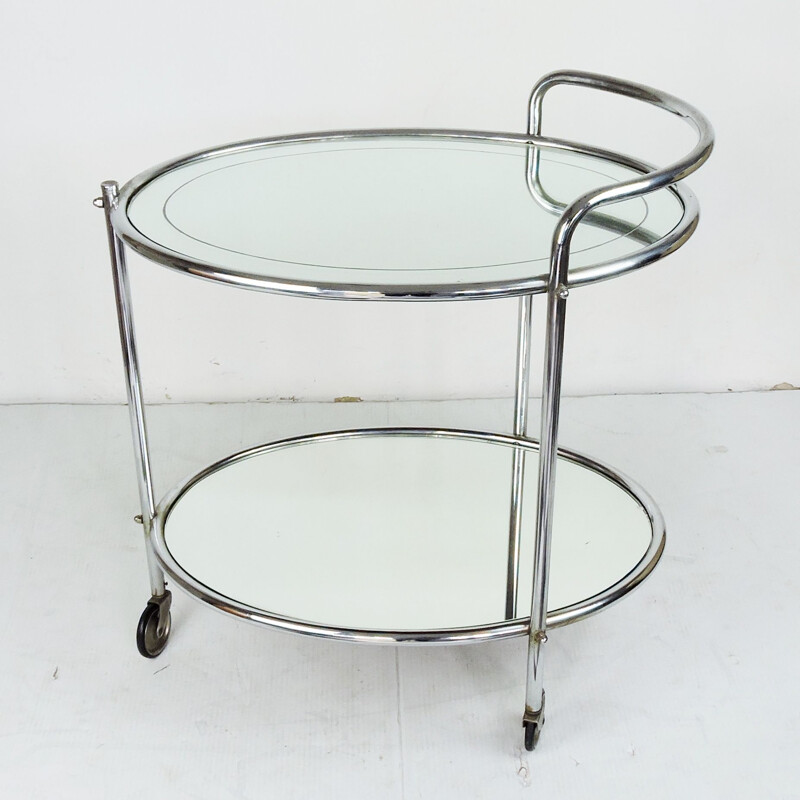 Vintage Mirrored Glass and Chrome Drinks Trolley French 1950s