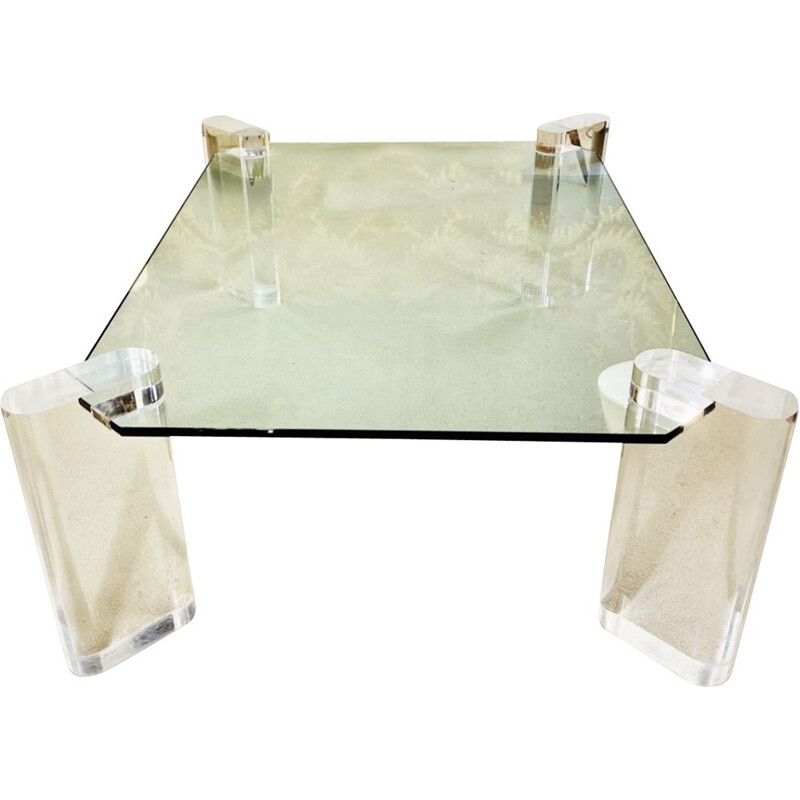 Tavolino vintage in vetro con gambe in plexiglass