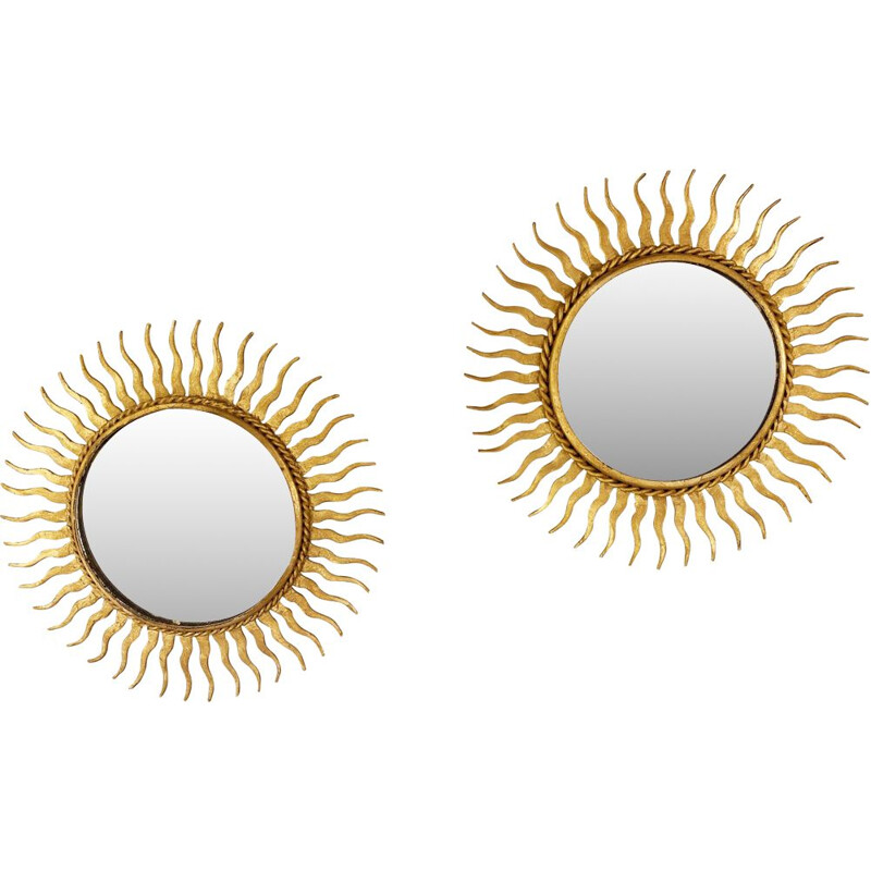 Pair of vintage Soleil gilt metal mirrors, 1960