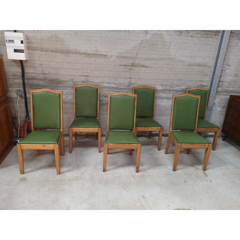 6 vintage gaston poisson chairs in oak, art deco 1940