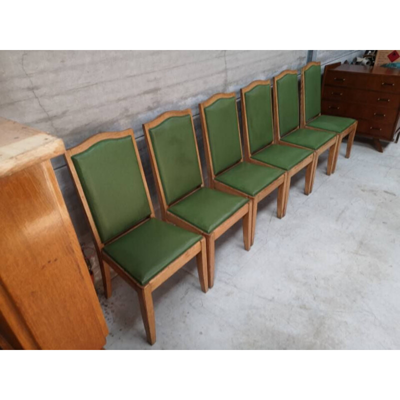 6 vintage gaston poisson chairs in oak, art deco 1940