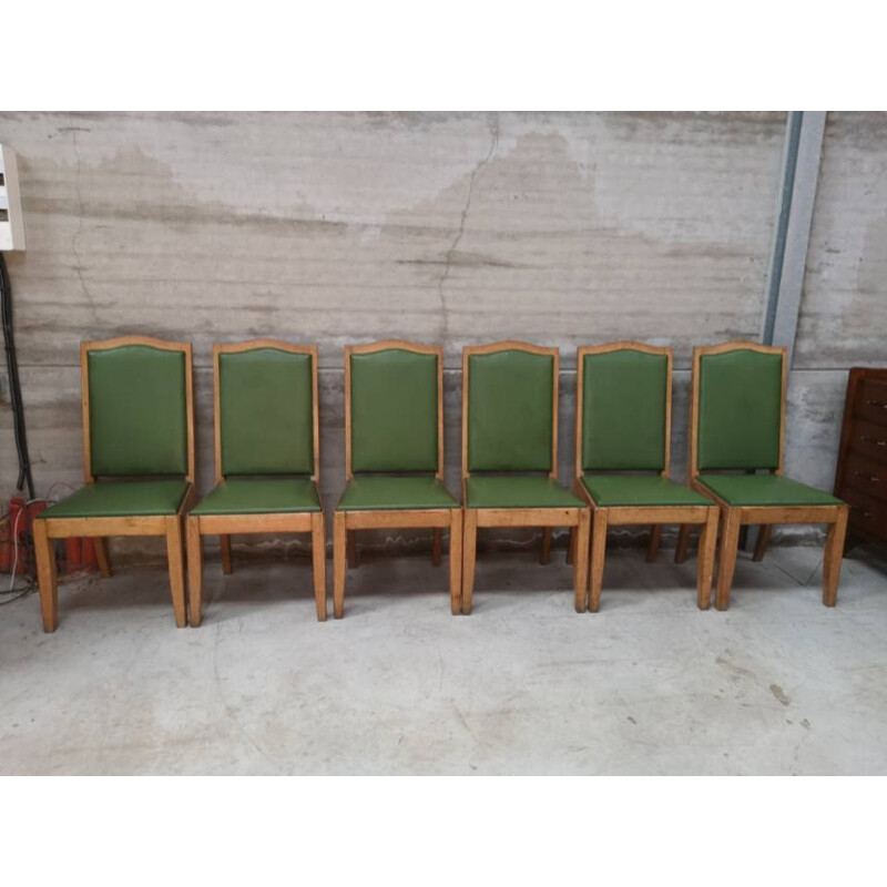 6 vintage gaston poisson chairs in oak, art deco 1940