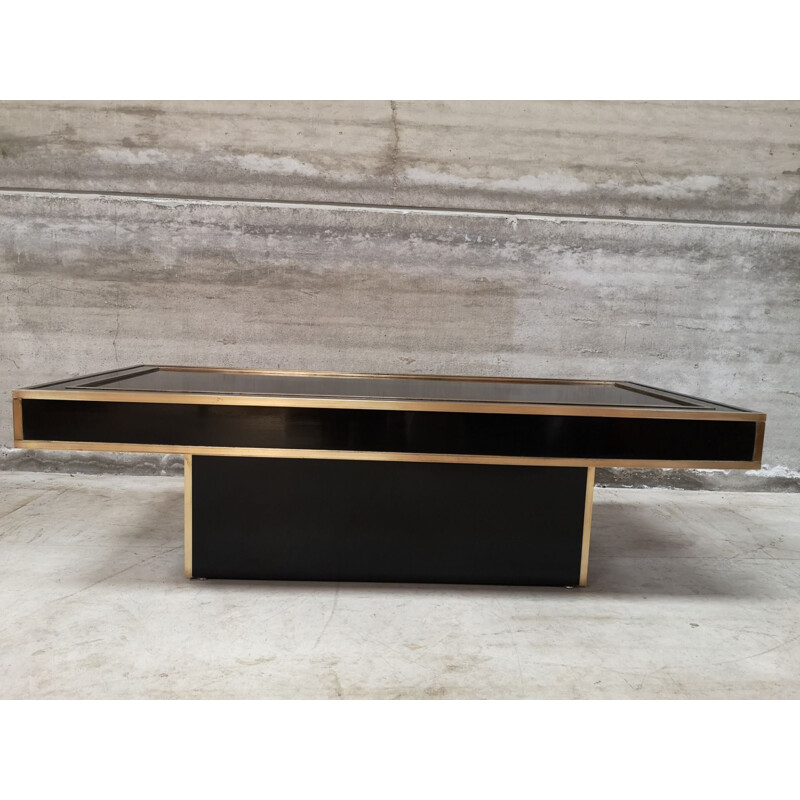 Table basse vintage en laiton et laque noire de Jean-Claude Mahey, 1970