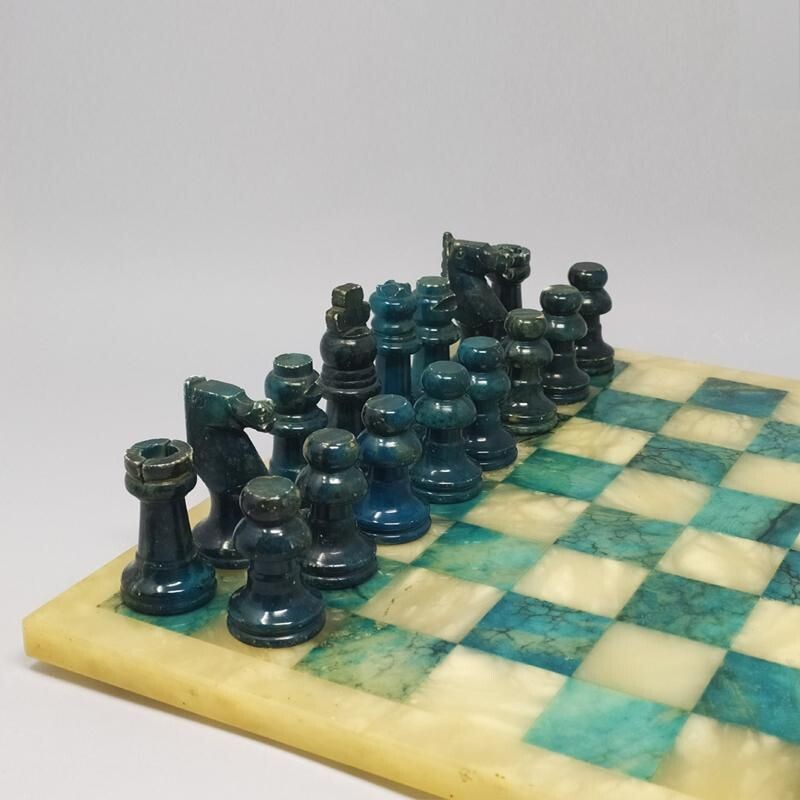 Vintage Blue and Beige Chess Set in Volterra Alabaster Handmade Italian 1960s