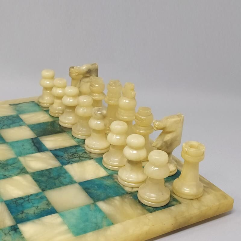 Vintage Blue and Beige Chess Set in Volterra Alabaster Handmade Italian 1960s