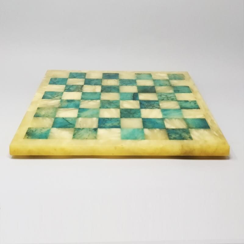 Vintage Blue and Beige Chess Set in Volterra Alabaster Handmade Italian 1960s