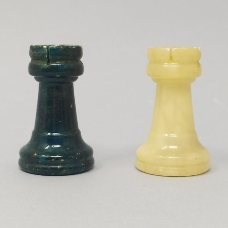 Vintage Blue and Beige Chess Set in Volterra Alabaster Handmade Italian 1960s