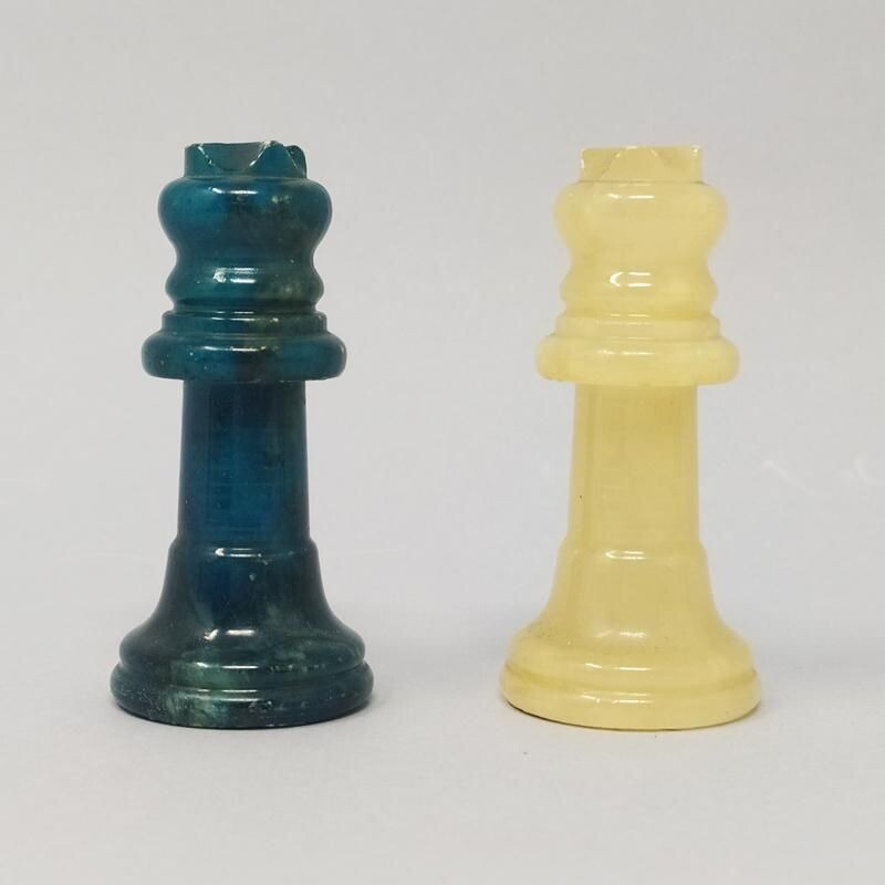 Vintage Blue and Beige Chess Set in Volterra Alabaster Handmade Italian 1960s