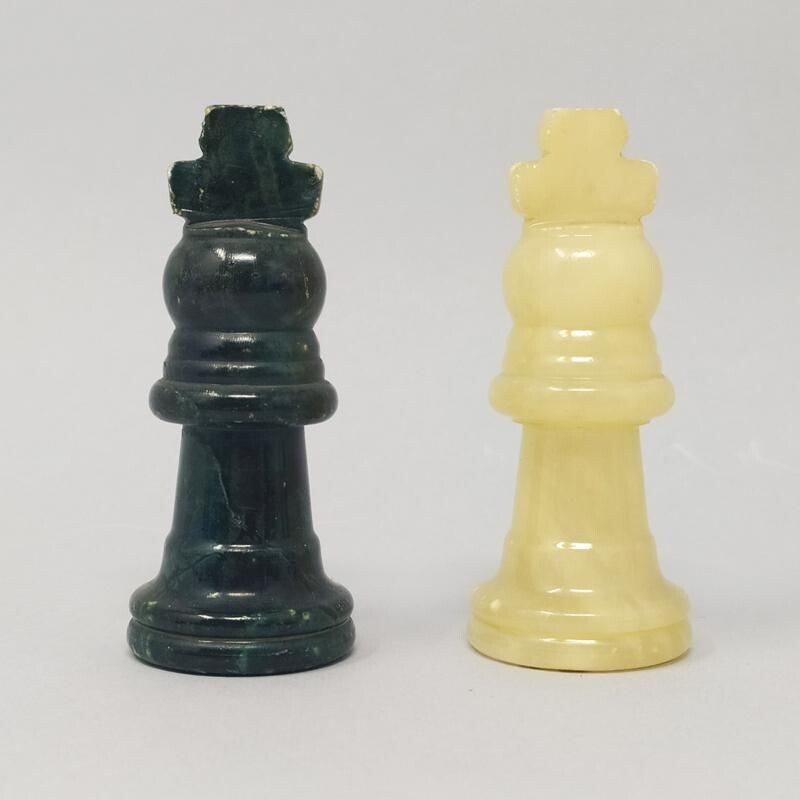 Vintage Blue and Beige Chess Set in Volterra Alabaster Handmade Italian 1960s