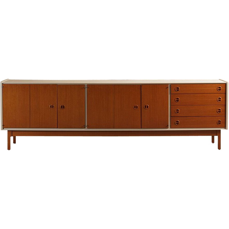 Vintage  long highboard Scandinavian teak 4 doors 4 drawers circa 1960