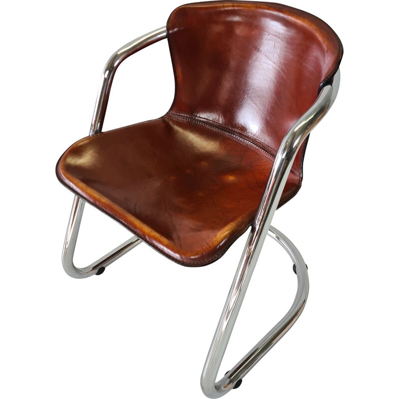 Vintage Cognac leather armchair for Cidue, 1970s