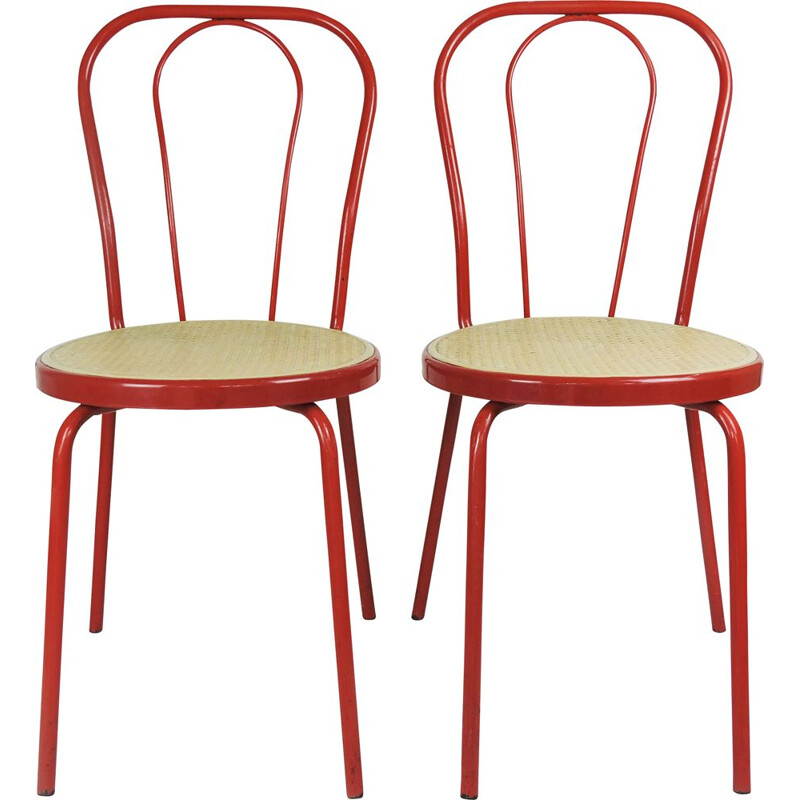 Pair of Vintage Red Painted Metal Chair with Plastic Cane Seat, 1980s