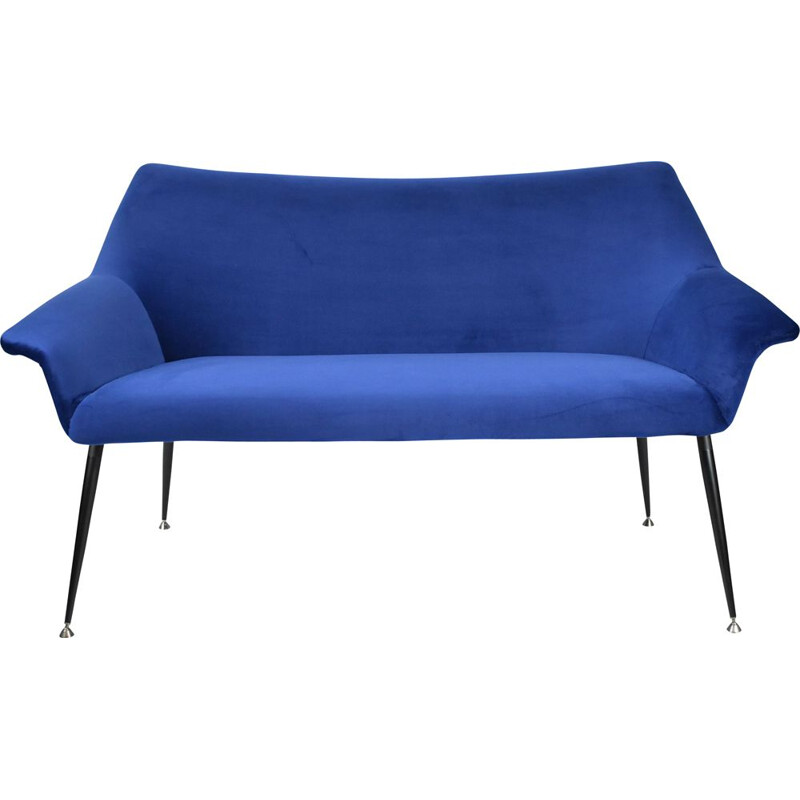 Vintage 2-Sitzer-Sofa, tintenblauer Samtstoff aus der Deutschen Demokratischen Republik, Chrom 1960