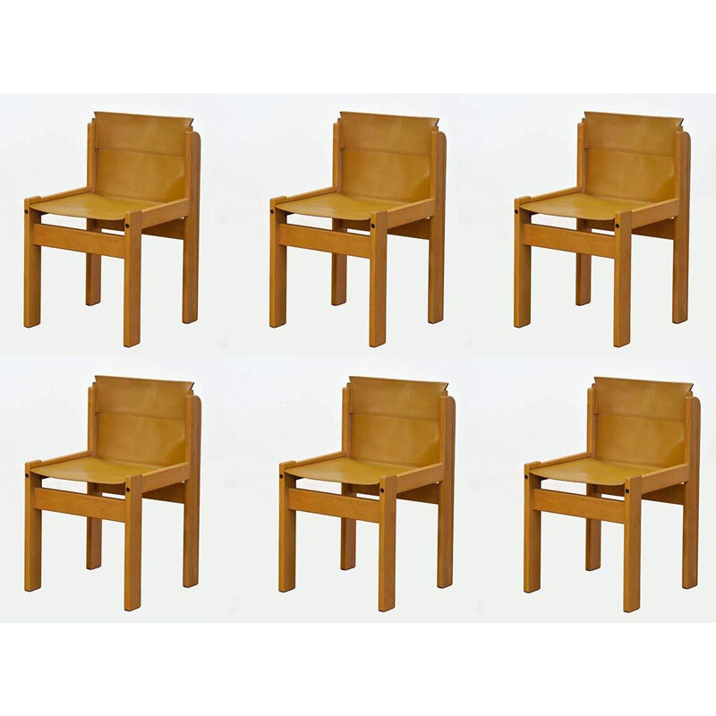 Set of 6 Vintage  Saddle Leather Sling Chairs from Ibisco,Italian 1969