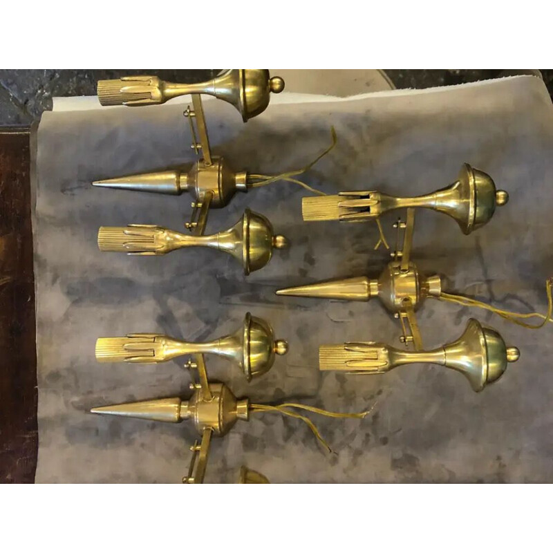 Set of 3 vintage two-light wall sconces in solid brass, Italy 1950