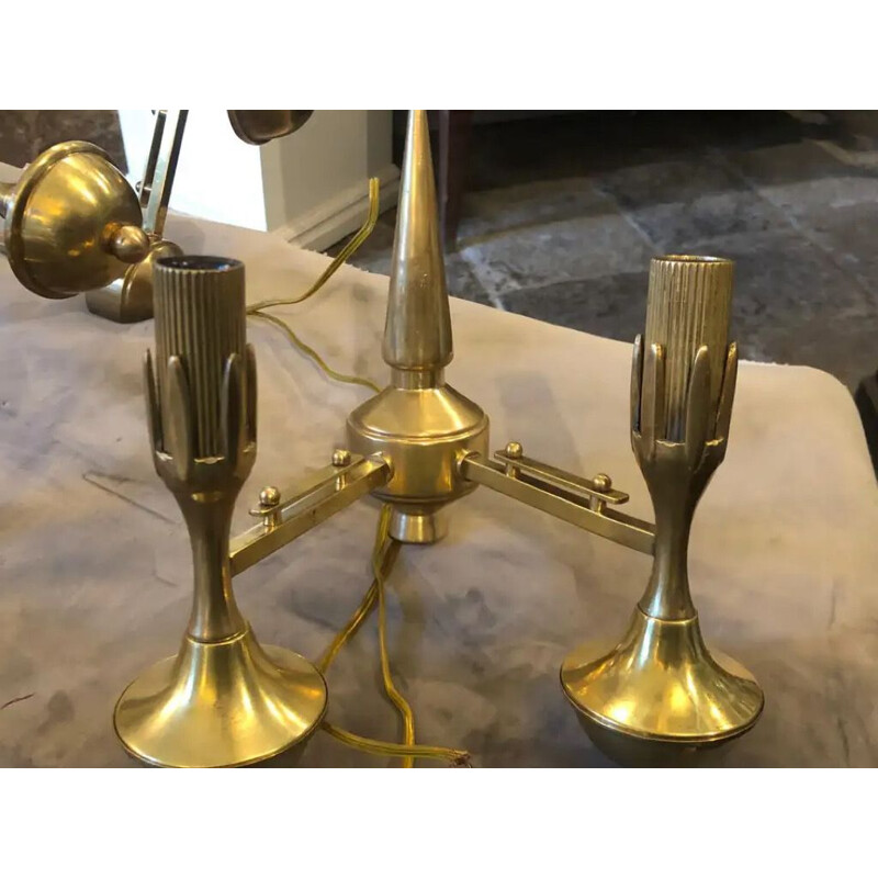 Set of 3 vintage two-light wall sconces in solid brass, Italy 1950