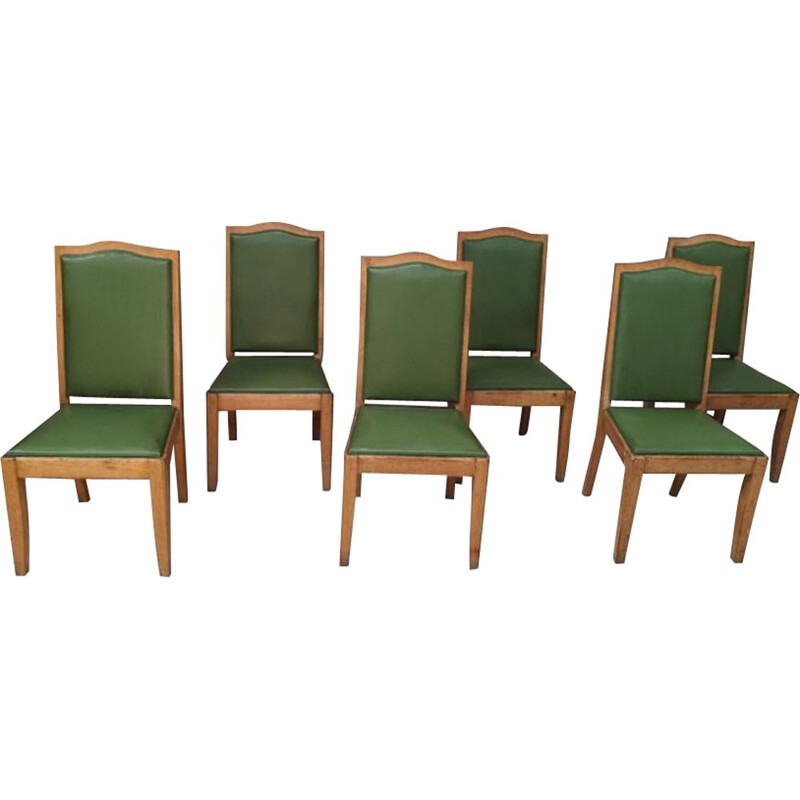 6 vintage gaston poisson chairs in oak, art deco 1940