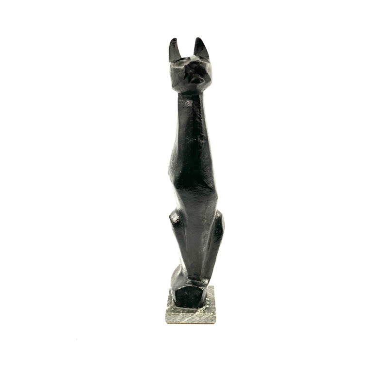 Vintage cubist great Black Cat sculpture, lacquered earthenware, France 1940