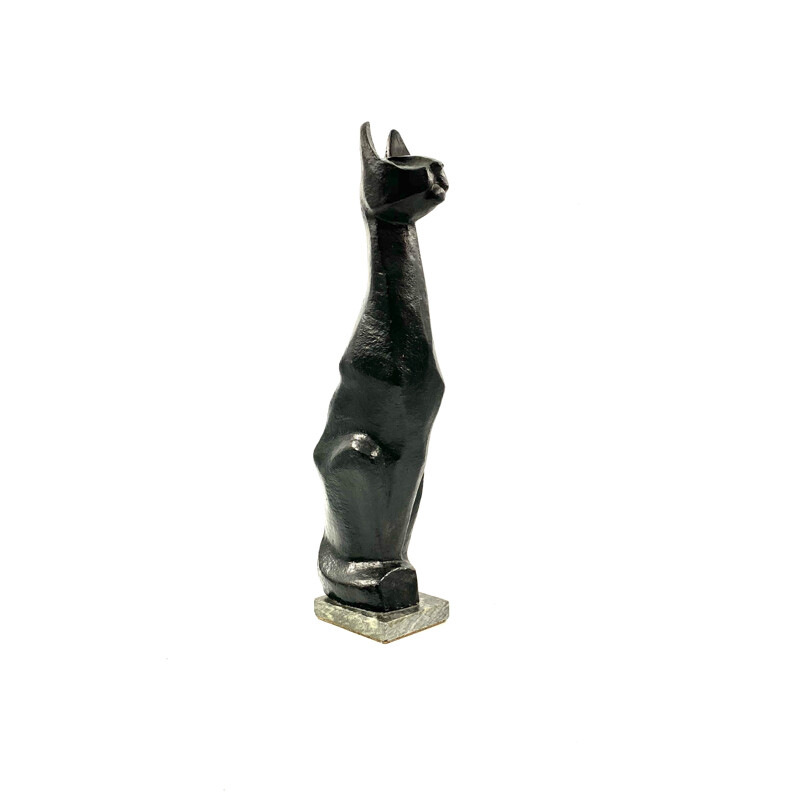 Vintage cubist great Black Cat sculpture, lacquered earthenware, France 1940