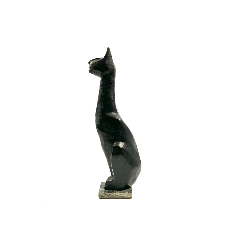 Vintage cubist great Black Cat sculpture, lacquered earthenware, France 1940