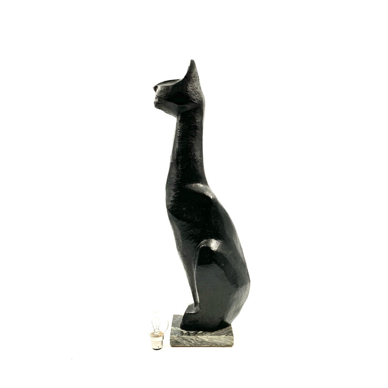 Sculpture cubiste vintage du grand Chat Noir, faïence laquée, France 1940