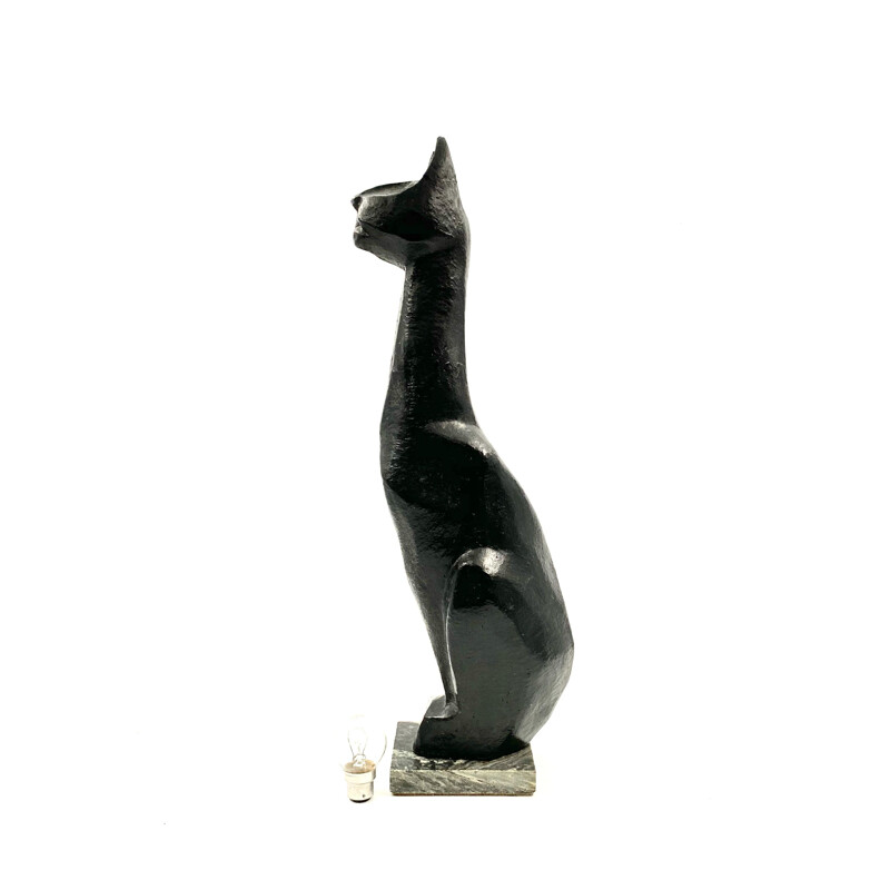 Vintage cubist great Black Cat sculpture, lacquered earthenware, France 1940