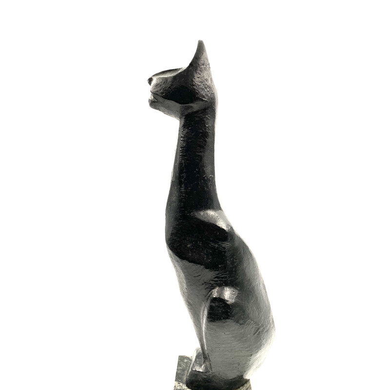 Vintage cubist great Black Cat sculpture, lacquered earthenware, France 1940