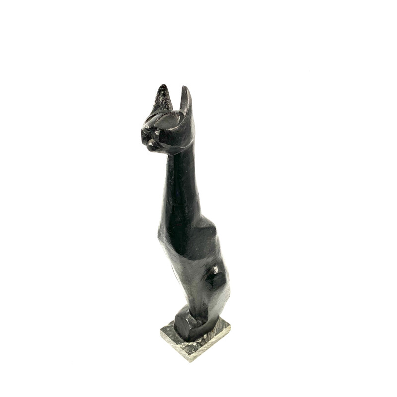 Vintage cubist great Black Cat sculpture, lacquered earthenware, France 1940