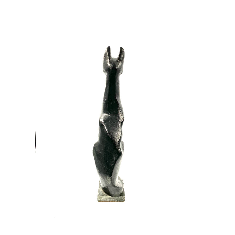 Vintage cubist great Black Cat sculpture, lacquered earthenware, France 1940