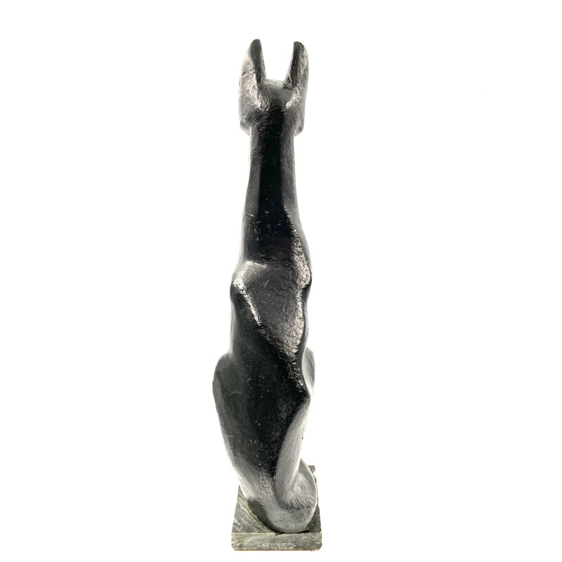 Vintage cubist great Black Cat sculpture, lacquered earthenware, France 1940