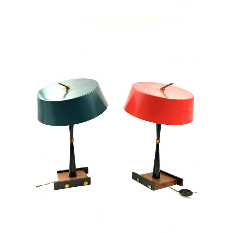 Pair of Table Lamps vintage Stilux Milan Petrol blue, Bright red 1950