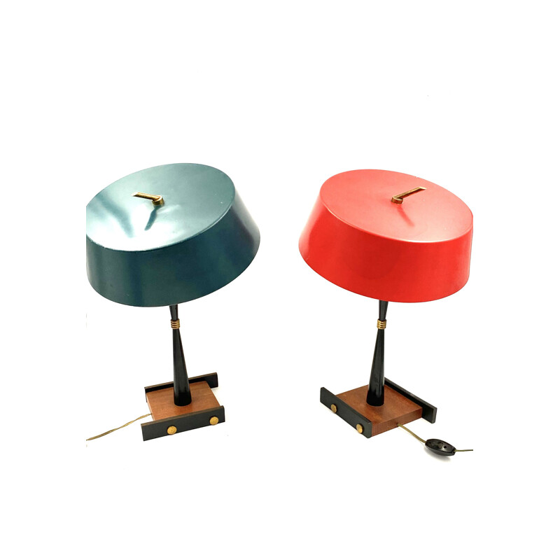 Pair of Table Lamps vintage Stilux Milan Petrol blue, Bright red 1950