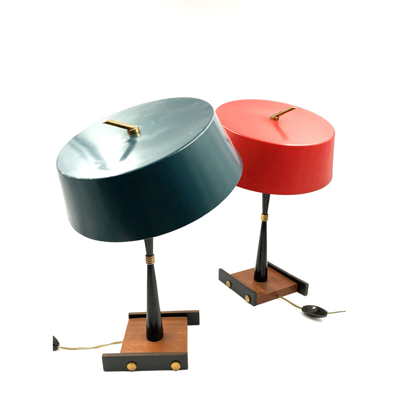 Pair of Table Lamps vintage Stilux Milan Petrol blue, Bright red 1950