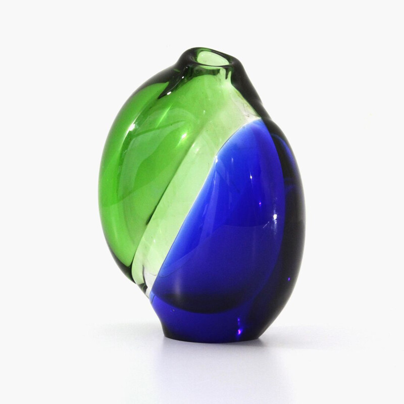 Vaso vintage in vetro di Murano verde e blu 1960