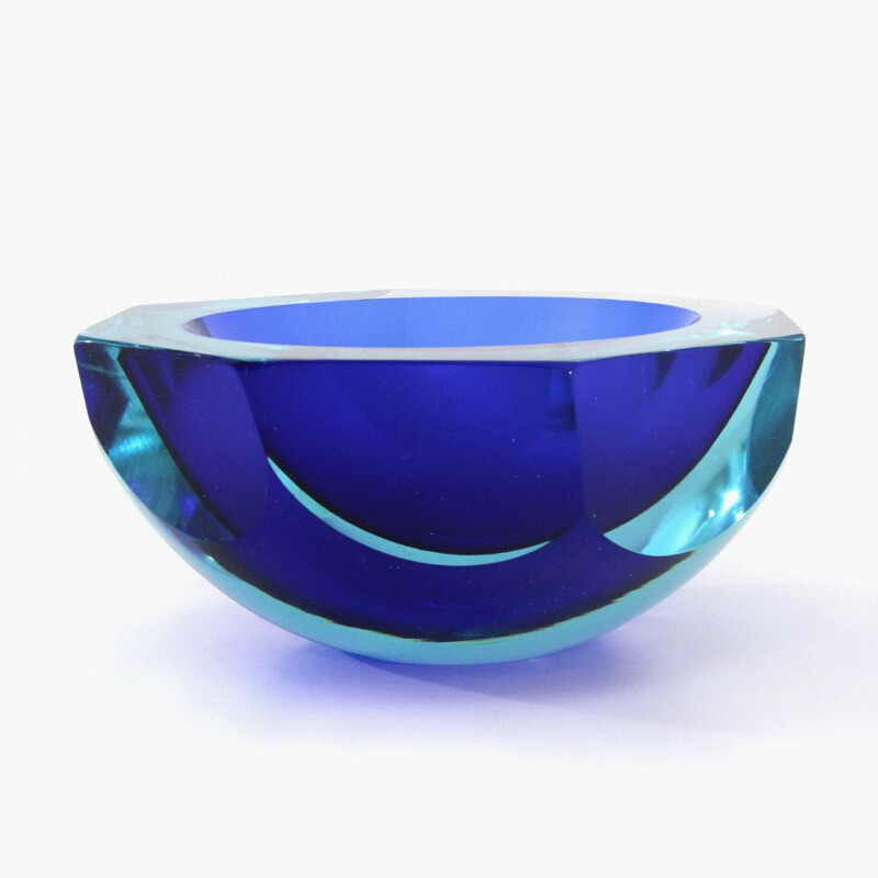 Cuenco vintage de cristal de Murano en azul y celeste 1960