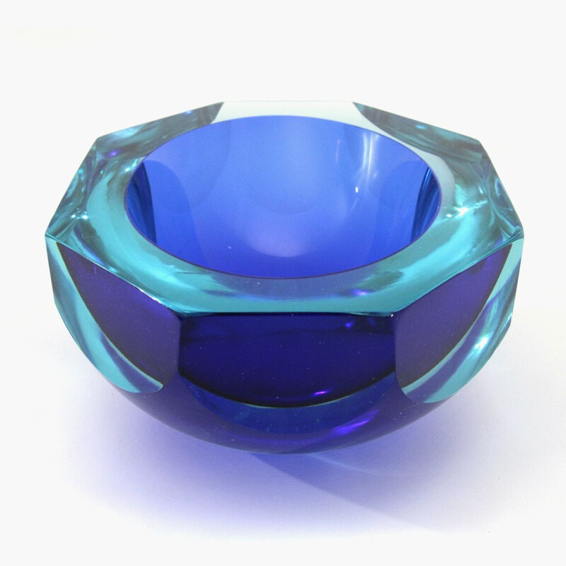 Cuenco vintage de cristal de Murano en azul y celeste 1960