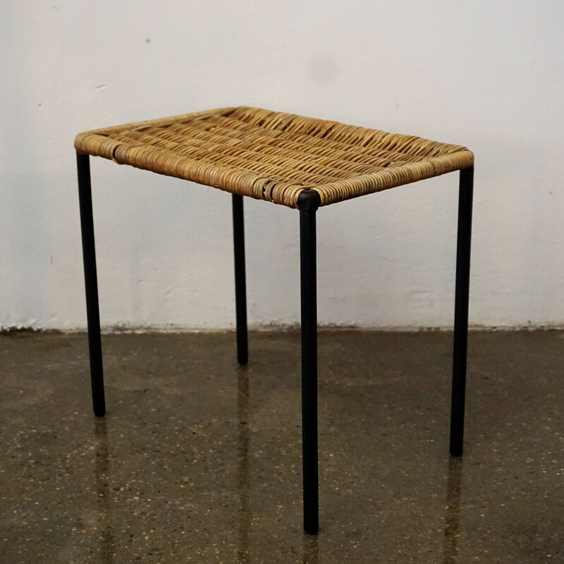 Midcentury Black Steel and Wicker Side Table or Stool by Carl Auböck Austrian 1950