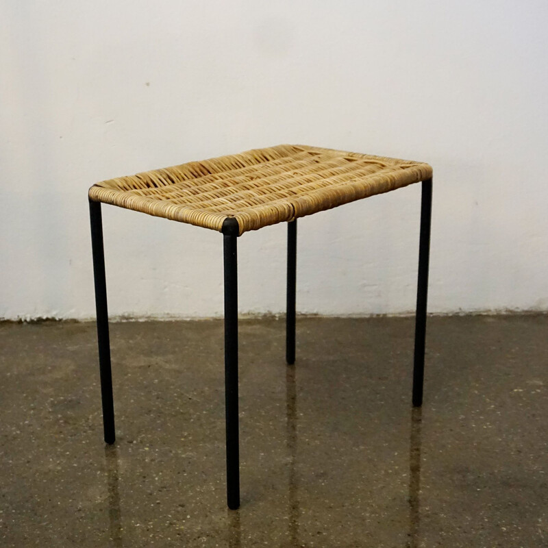 Midcentury Black Steel and Wicker Side Table or Stool by Carl Auböck Austrian 1950