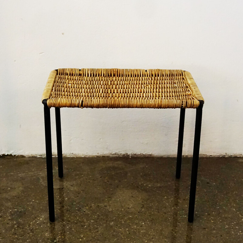 Midcentury Black Steel and Wicker Side Table or Stool by Carl Auböck Austrian 1950