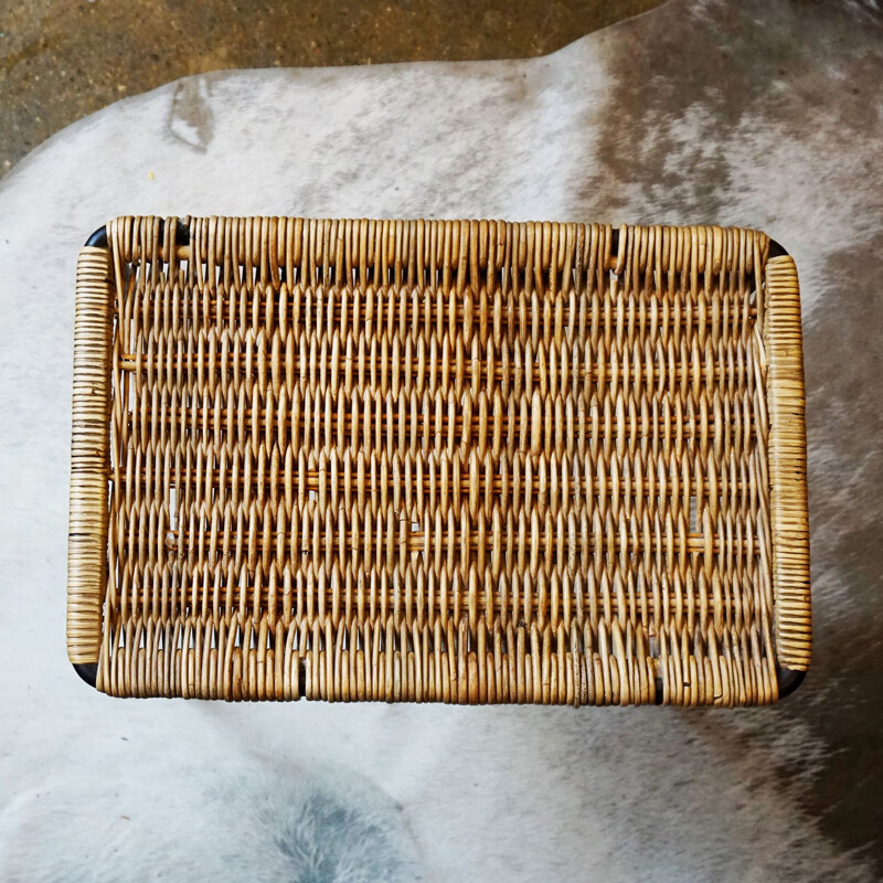 Midcentury Black Steel and Wicker Side Table or Stool by Carl Auböck Austrian 1950