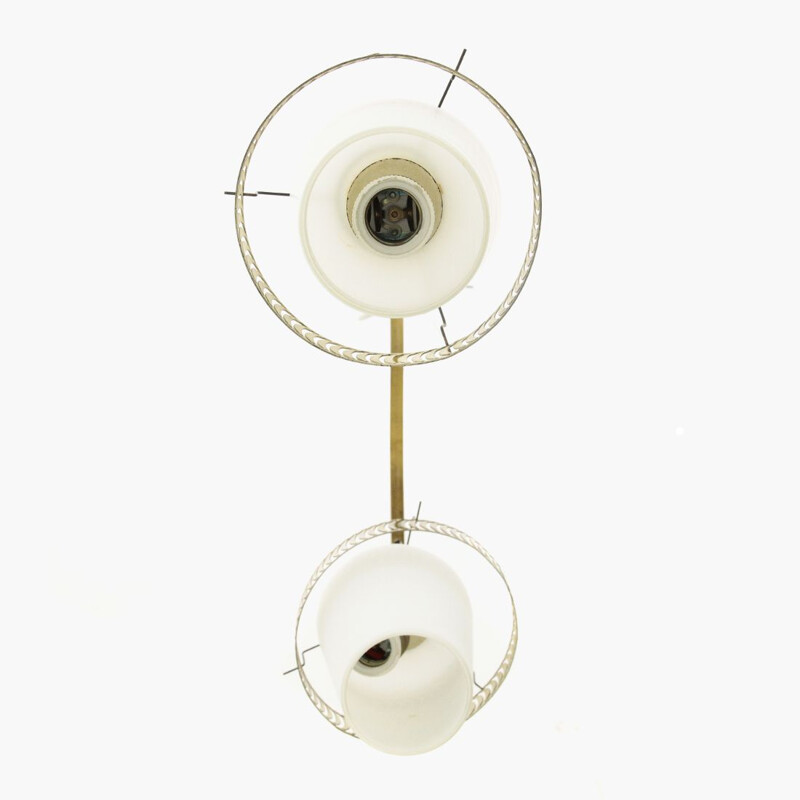 Lampadario vintage con 2 vetri opalini e appendini in ottone, 1950