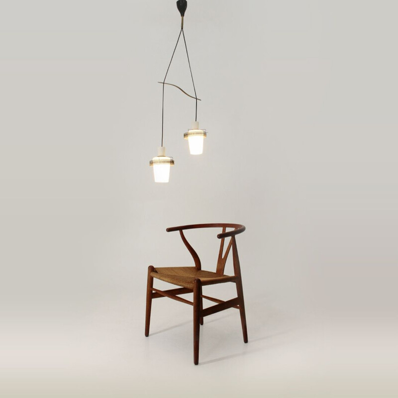 Lampadario vintage con 2 vetri opalini e appendini in ottone, 1950